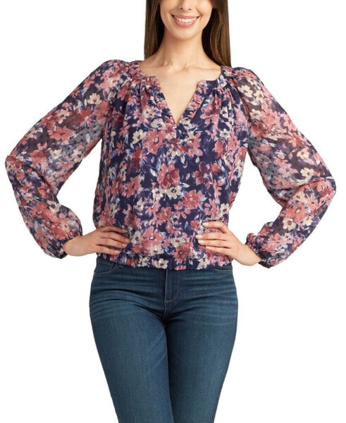 Juniors' Sheer Floral-Print Clip-Dot Long-Sleeve Top