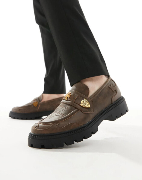 ASOS DESIGN tan leather loafers with western details