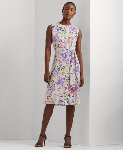 Women's Floral Belted Bubble Crepe Dress