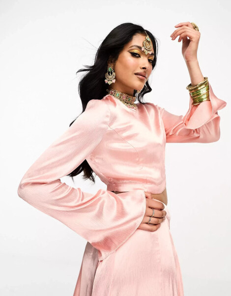 Kanya London Bridesmaid Lehenga long sleeve crop top in peach