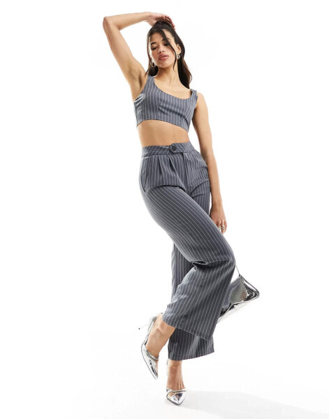 Missyempire tailored wide leg trousers co-ord in grey pinstripe