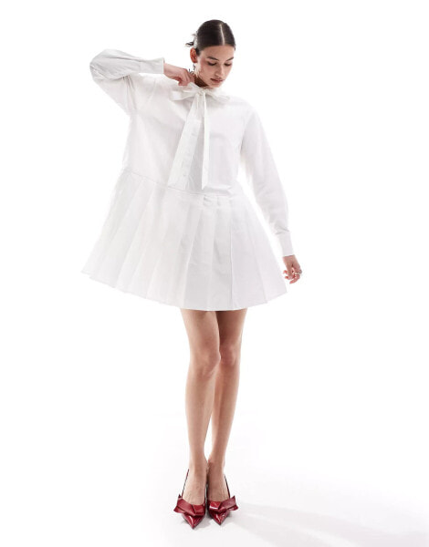 Urban Revivo tie detail pleated shirt dress in white