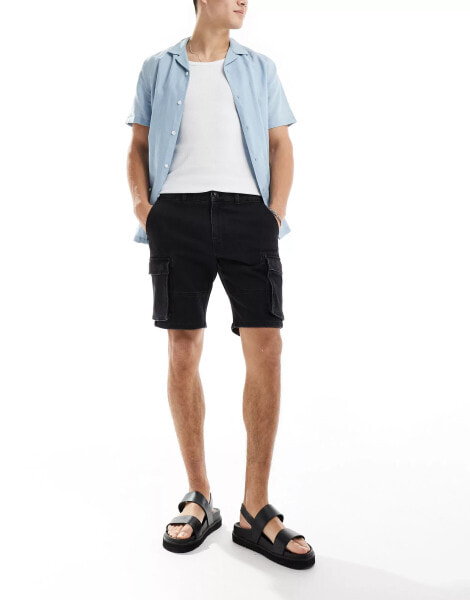 ONLY & SONS slim fit denim cargo short in washed black