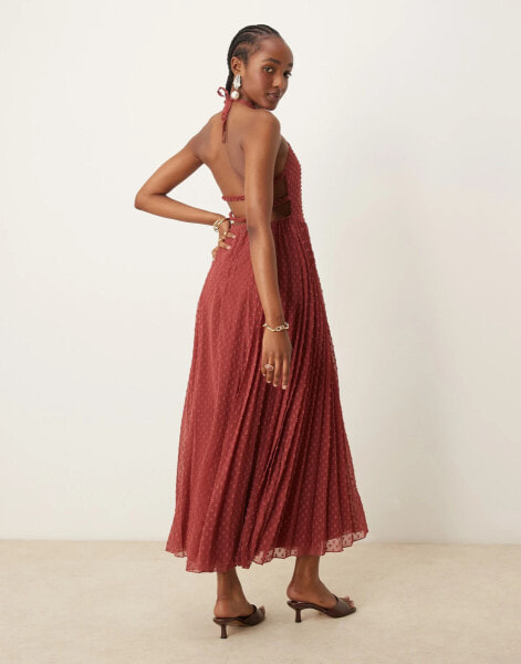 ASOS DESIGN fluffy dobby racer neck pleat panel midi dress in berry red