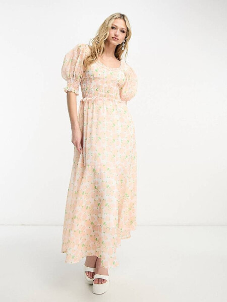 Sister Jane puff sleeve shirred midaxi dress in blush floral