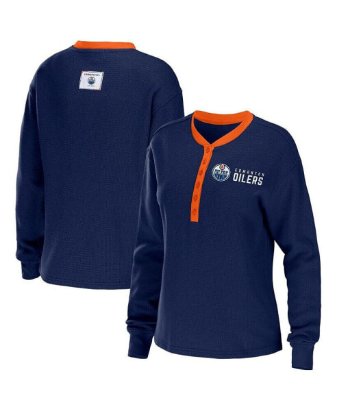 Women's Navy Edmonton Oilers Waffle Henley Long Sleeve T-shirt