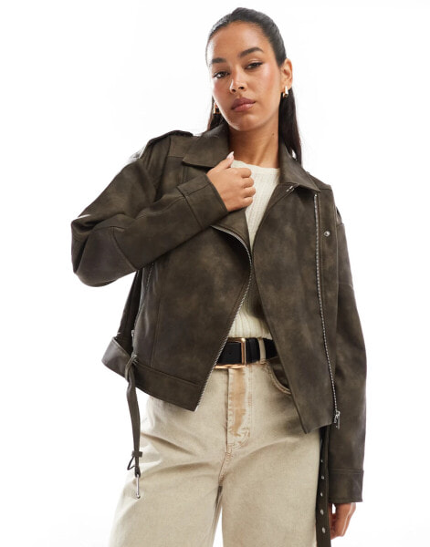 Vila washed oversized leather look biker jacket in brown