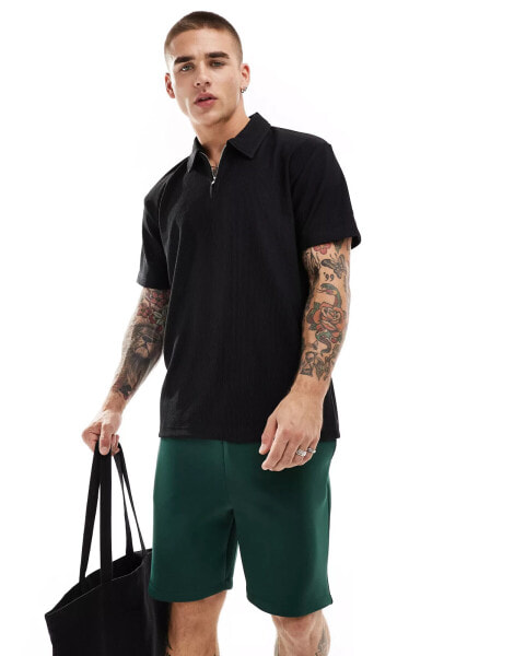 Selected Homme plisse zip polo in black