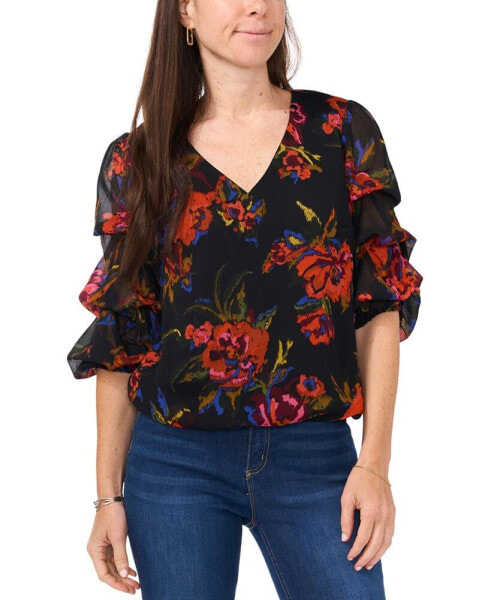 Petite V-Neck Floral-Print Gathered-Sleeve Top