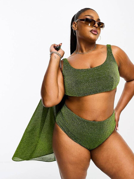 ASOS DESIGN Curve mix and match glitter high waist bikini bottom in green 