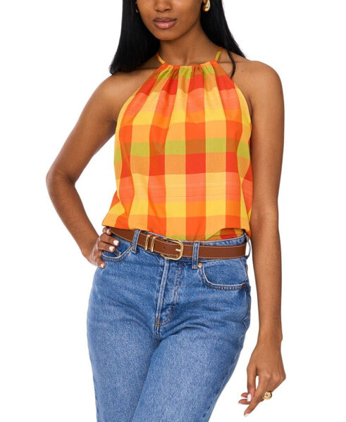 Women's Plaid Sleeveless Halter Tie-Back Blouse