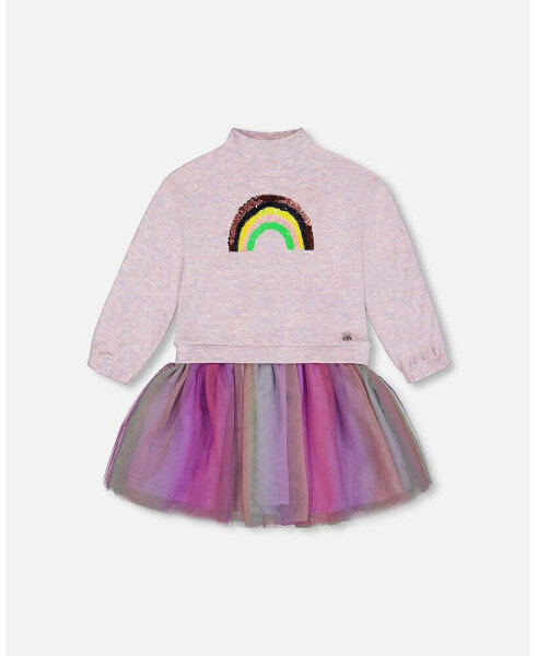 Big Girls Super Soft Sweatshirt Dress With Rainbow Tulle Skirt