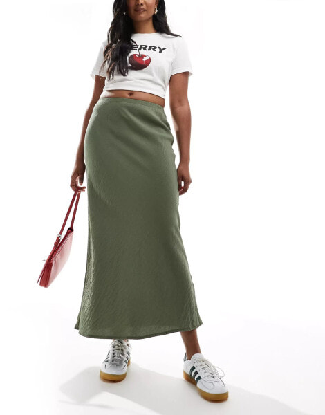 New Look textured drawstring midi skirt in khaki