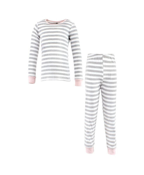 Toddler Girls Cotton Pajama Set, Gray Stripe Pink