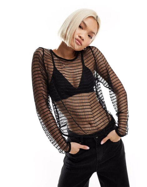 Noisy May long sleeve mesh top in black