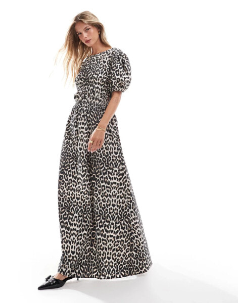 ASOS DESIGN poplin tie side shirred maxi dress in leopard print