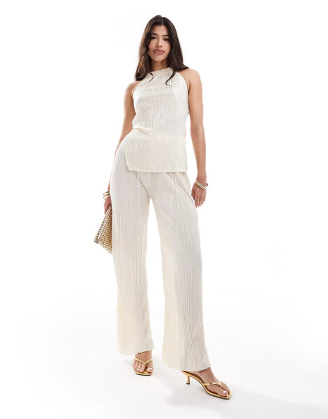 In The Style x Perrie Sian plisse wide leg trousers co-ord in cream