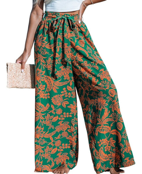 Women's Tropical Tie Waist Wide Leg Pants