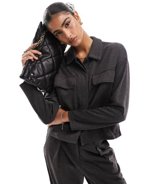 Vero Moda jersey comfort utility boxy shirt co-ord in dark grey