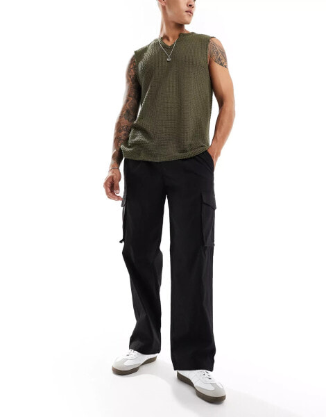 Jack & Jones bill drawstring wide fit tech cargo trouser in black