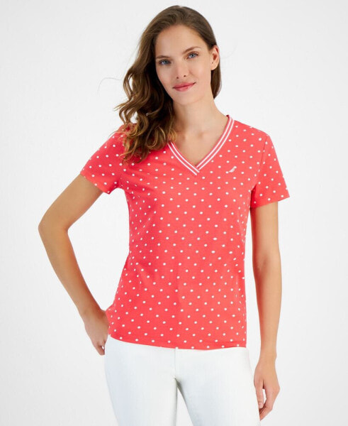 Women's Dot-Print V-Neck Short-Sleeve Top