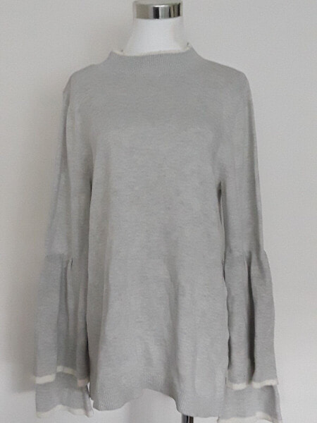 Style &Co Women's Mock Neck Sweater Tiered Bell Sleeve Gray white trim PL