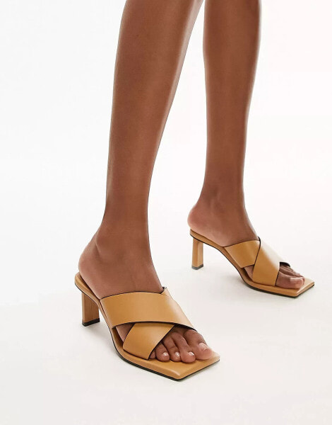 Topshop Cali premium leather square toe heeled mule in camel