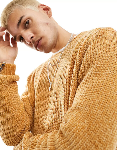 ASOS DESIGN relaxed knitted chenille crew neck jumper in tan