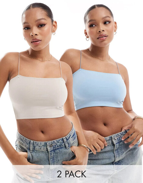 Pull&Bear 2 pack strappy tube crop top in sand and light blue