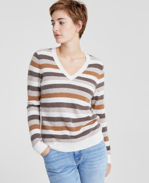 Women's Striped 100% Cashmere V-Neck Sweater, Regular & Petites, Created for Macy's