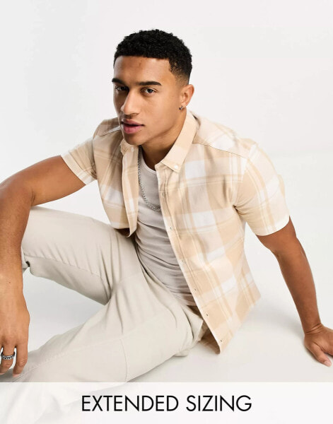 ASOS DESIGN stretch skinny check shirt in beige