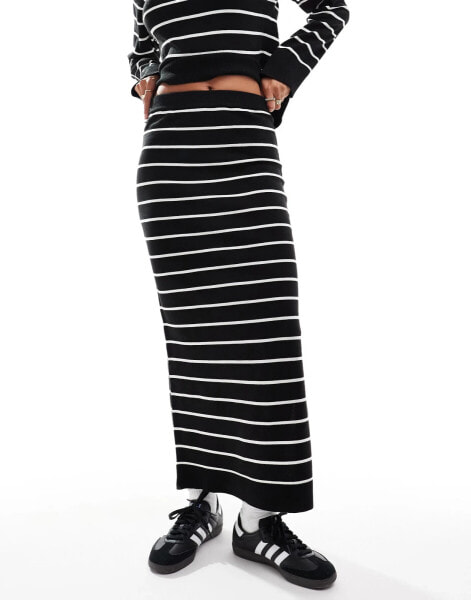 Pieces fine knit maxi skirt co-ord in black stripe