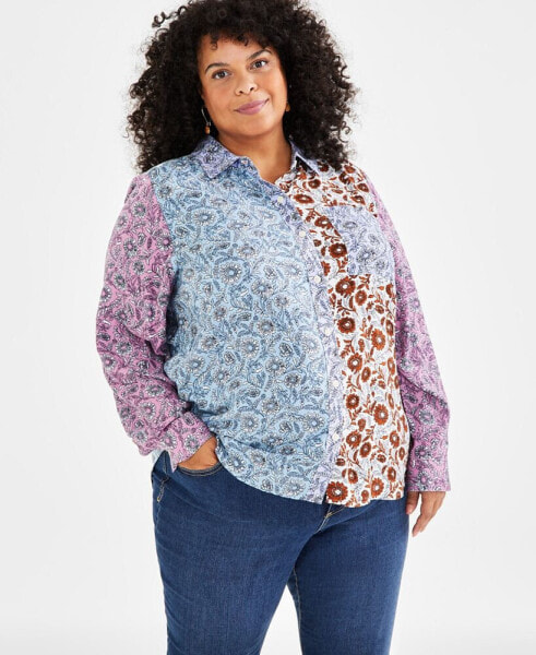 Plus Size Blocked Bloom Perfect Shirt, Created for Macy's