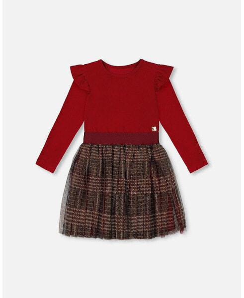 Big Girls Long Sleeve Dress With Glittering Tulle Skirt Red Plaid