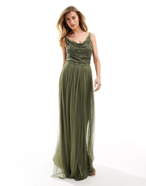 Beauut Bridesmaid embellished cowl neck maxi dress in khaki