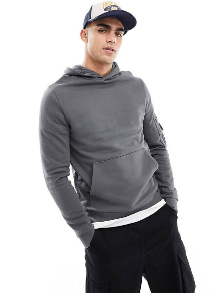 ASOS DESIGN hoodie with MA1 pocket detail in charcoal grey