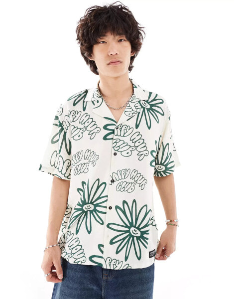 Dr Denim Madi short sleeve relaxed fit summer shirt in green resort print ecru