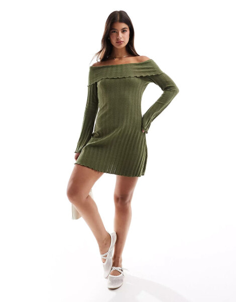 Pieces off the shoulder ribbed mini dress with lettuce edge detail in khaki