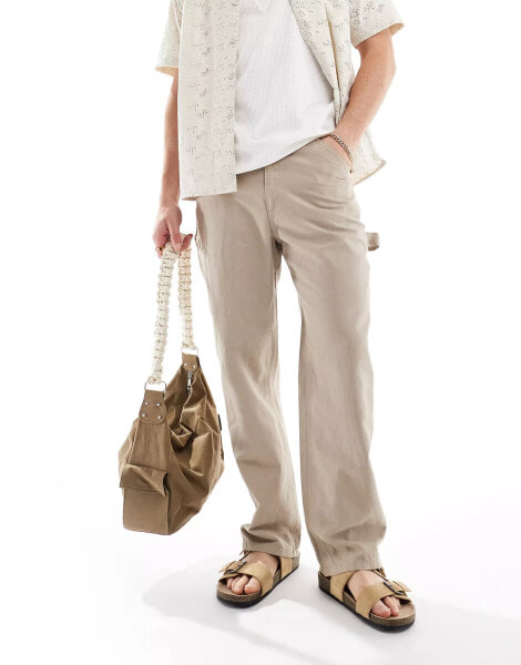 Jack & Jones wide fit linen mix carpenter trouser in beige