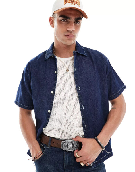 Jack & Jones boxy fit short sleeved shirt in dark indigo