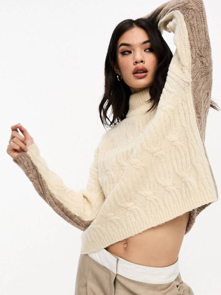 Vero Moda high neck spliced cable knit jumper in cream and brown  