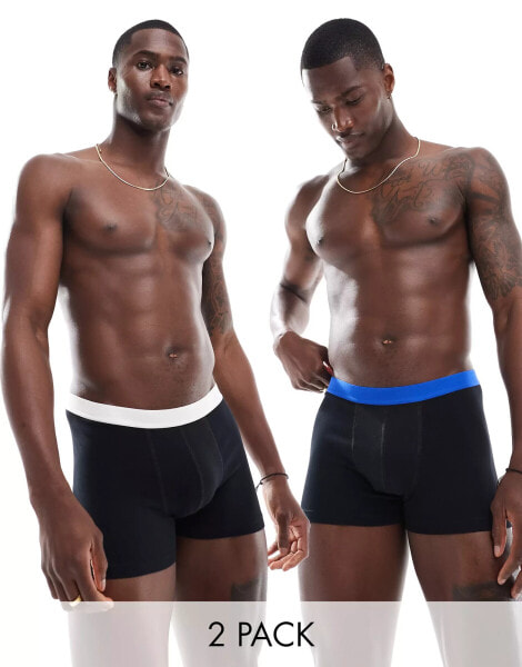 ASOS DESIGN 2 pack trunks with contrast waistband in black