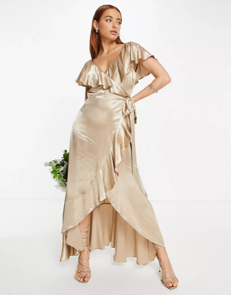 Topshop – Bridesmaid – Brautjungfern-Wickelkleid aus goldenem Satin mit Rüschen