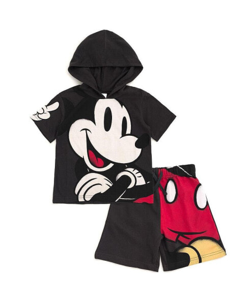 Toddler Boys Mickey Mouse Lion King Cars Monsters Inc. Hooded T-Shirt and French Terry Shorts Outfit Set to