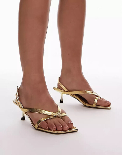 Topshop Wide Fit Issy toe post strappy heeled sandals in gold lizard