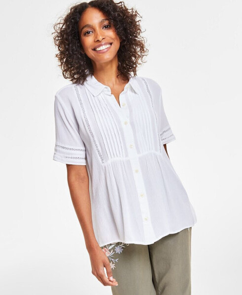 Women's Pintuck Short-Sleeve Button-Front Shirt, Created for Macy's