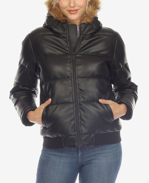 Women's Removable Furry Hoodie Bomber Leather Jacket