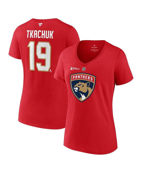 Women's Matthew Tkachuk Red Florida Panthers 2024 Stanley Cup Champions Authentic Stack Name Number V-Neck T-Shirt