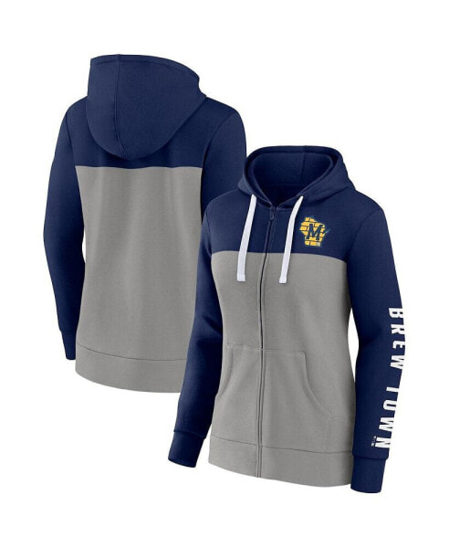 Women's Navy, Gray Milwaukee Brewers Take The Field Colorblocked Hoodie Full-Zip Jacket