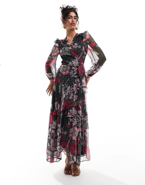 Hope & Ivy in collaboration with The William Morris Society blouson sleeve maxi wrap dress in dark red floral